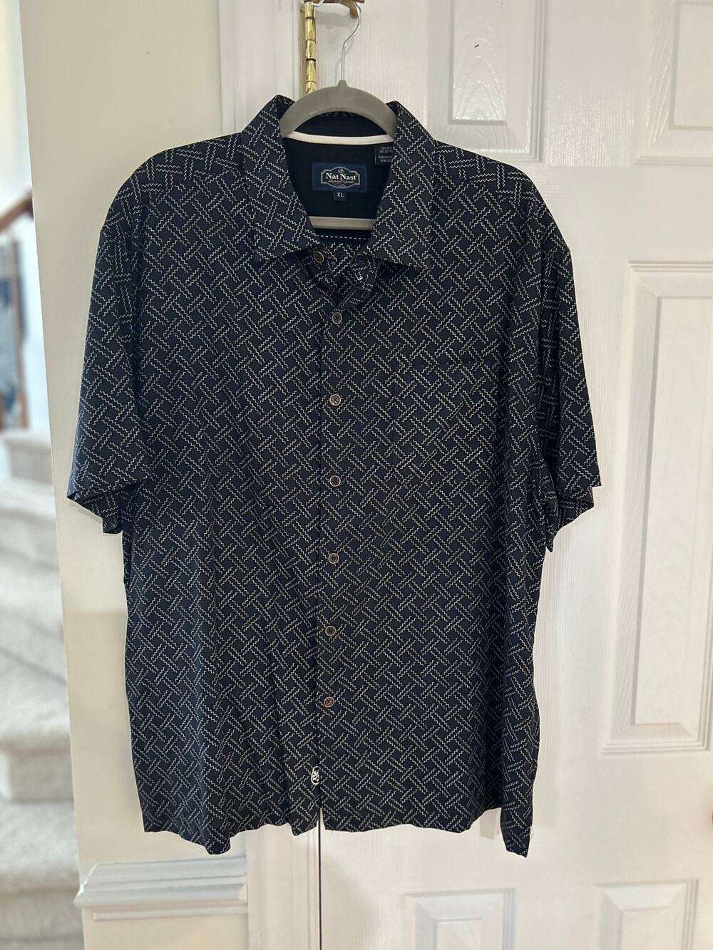 Nat Nast Silk & Cotton Black & Navy Mosaic Print Button Down Shirt